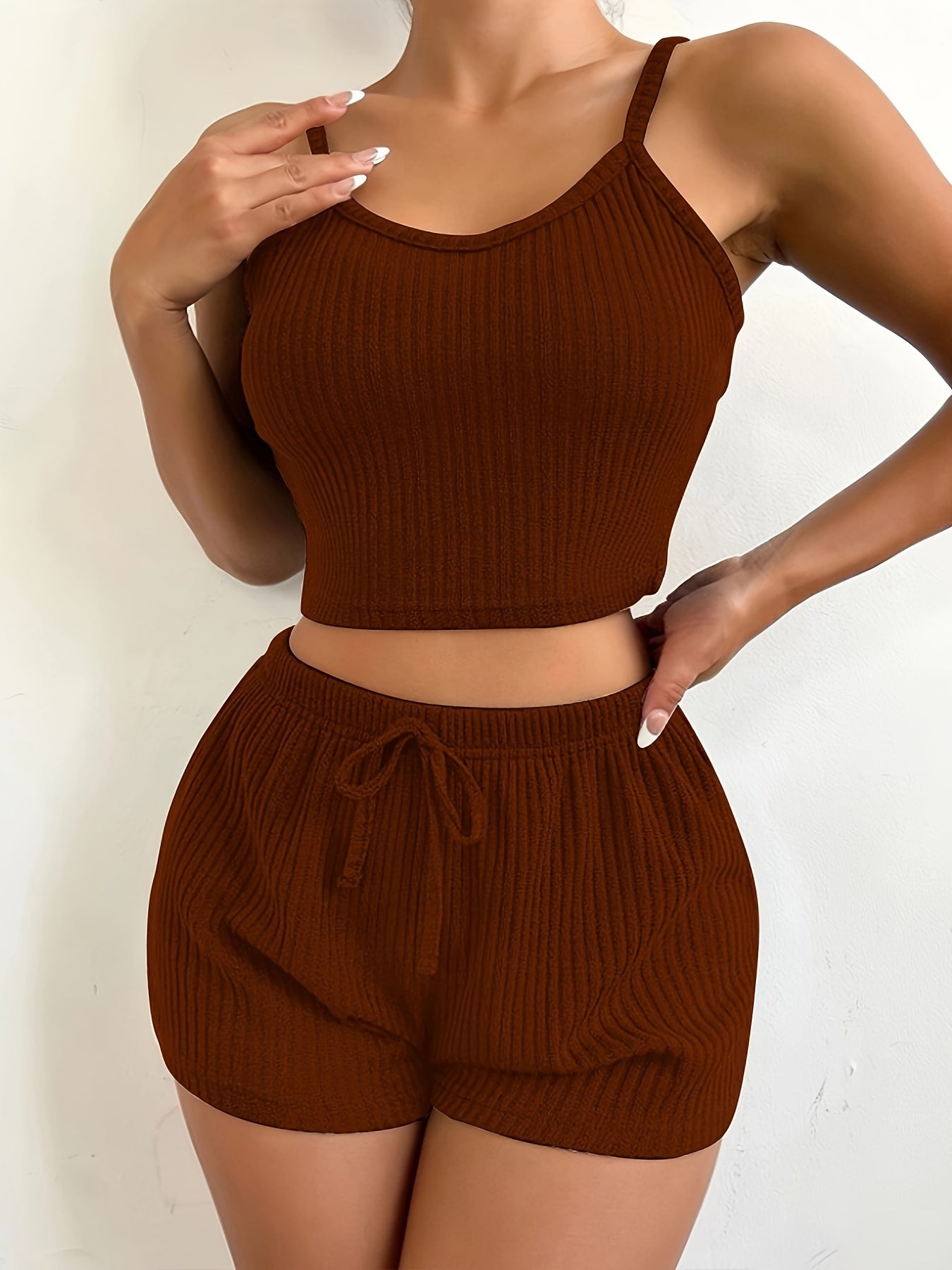Solid Ribbed Slim Fit Lounge Set, Casual Round Neck Crop Cami Top & Drawstring Shorts, Women's Loungewear